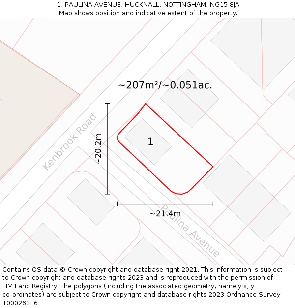 1, PAULINA AVENUE, HUCKNALL, NOTTINGHAM, NG15 8JA: Plot and title map