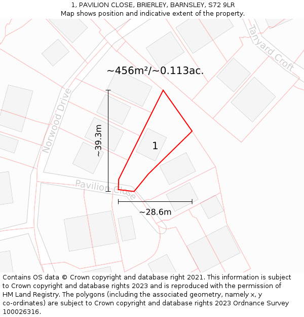 1, PAVILION CLOSE, BRIERLEY, BARNSLEY, S72 9LR: Plot and title map
