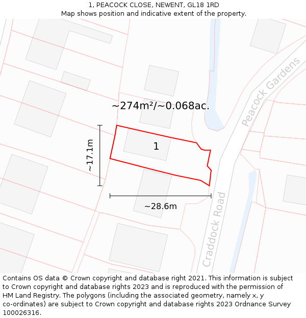 1, PEACOCK CLOSE, NEWENT, GL18 1RD: Plot and title map