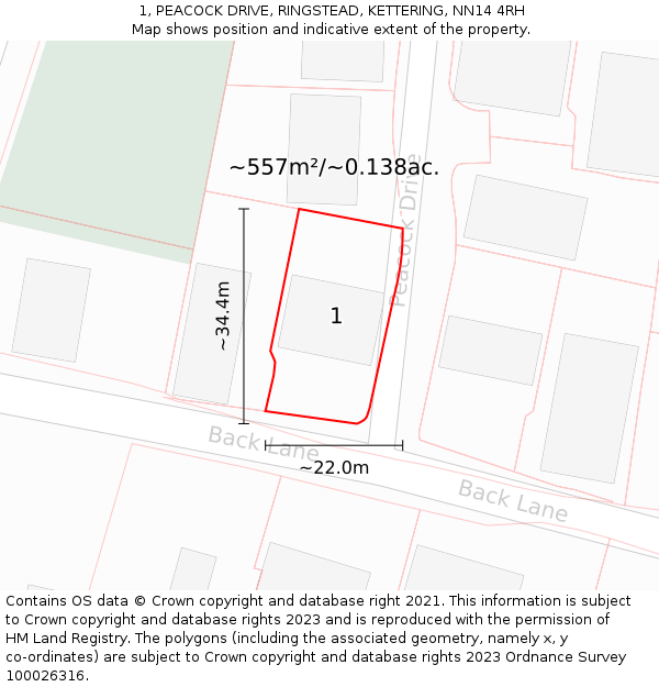 1, PEACOCK DRIVE, RINGSTEAD, KETTERING, NN14 4RH: Plot and title map