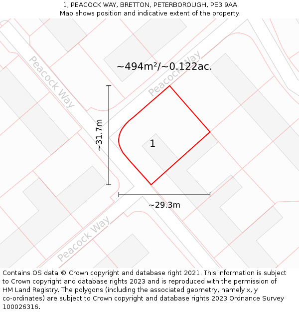 1, PEACOCK WAY, BRETTON, PETERBOROUGH, PE3 9AA: Plot and title map