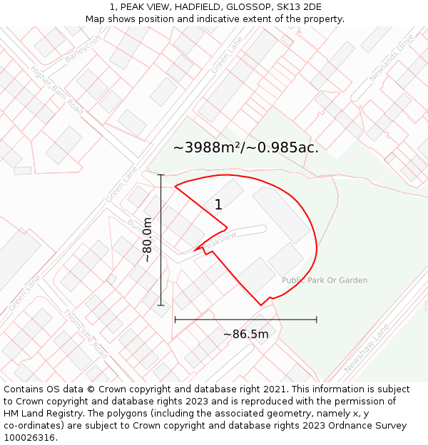 1, PEAK VIEW, HADFIELD, GLOSSOP, SK13 2DE: Plot and title map