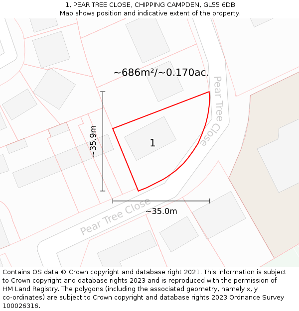 1, PEAR TREE CLOSE, CHIPPING CAMPDEN, GL55 6DB: Plot and title map