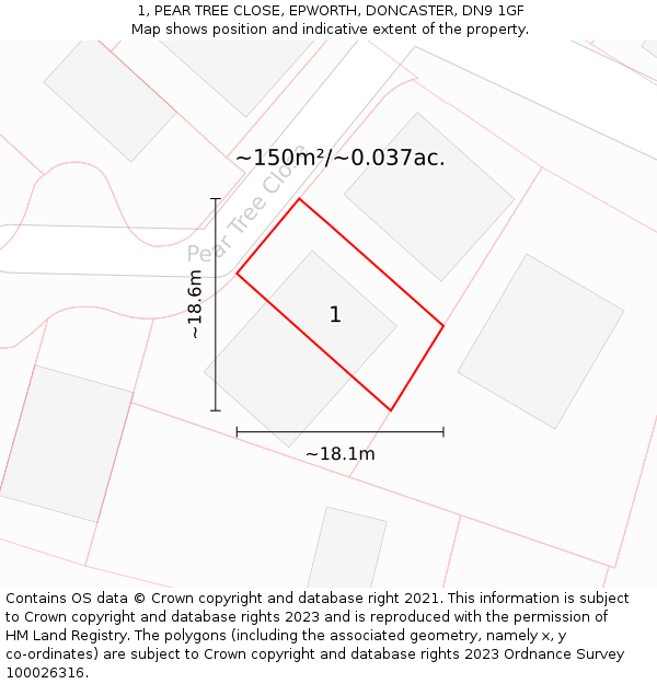1, PEAR TREE CLOSE, EPWORTH, DONCASTER, DN9 1GF: Plot and title map