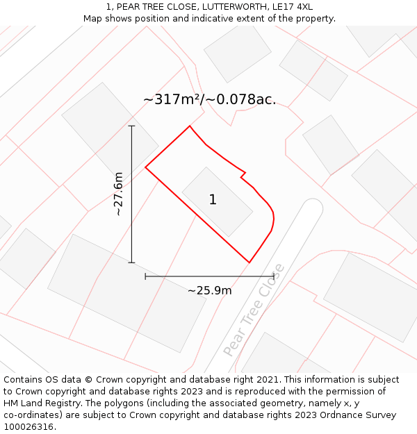 1, PEAR TREE CLOSE, LUTTERWORTH, LE17 4XL: Plot and title map