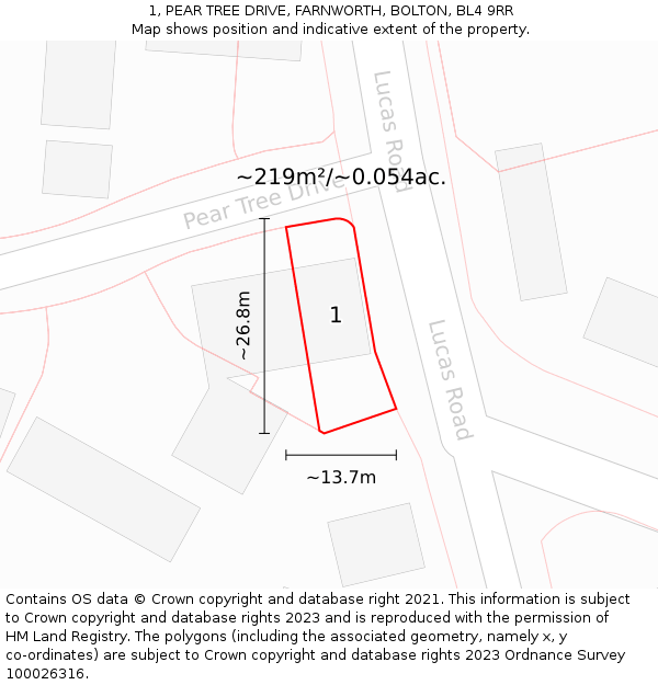 1, PEAR TREE DRIVE, FARNWORTH, BOLTON, BL4 9RR: Plot and title map