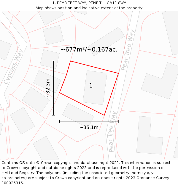 1, PEAR TREE WAY, PENRITH, CA11 8WA: Plot and title map
