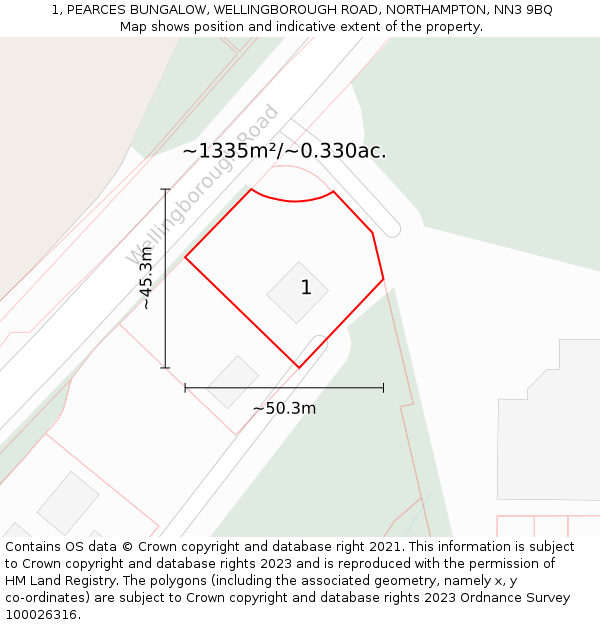 1, PEARCES BUNGALOW, WELLINGBOROUGH ROAD, NORTHAMPTON, NN3 9BQ: Plot and title map