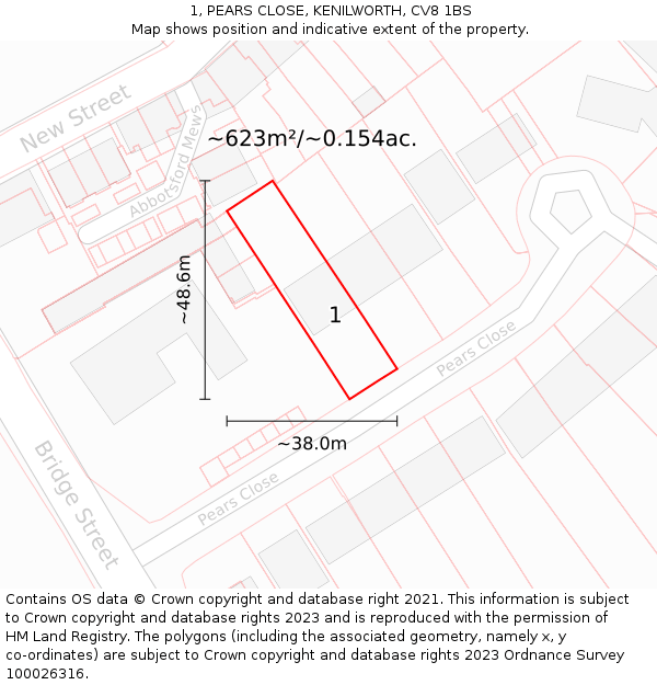 1, PEARS CLOSE, KENILWORTH, CV8 1BS: Plot and title map