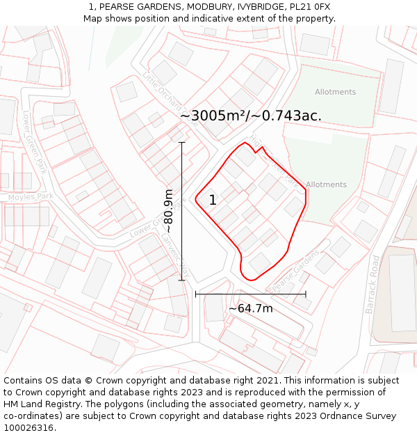 1, PEARSE GARDENS, MODBURY, IVYBRIDGE, PL21 0FX: Plot and title map