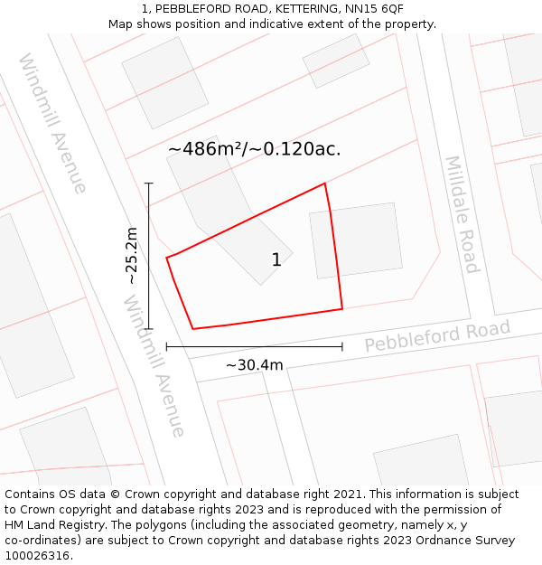 1, PEBBLEFORD ROAD, KETTERING, NN15 6QF: Plot and title map