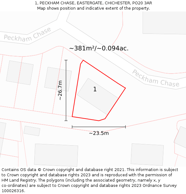 1, PECKHAM CHASE, EASTERGATE, CHICHESTER, PO20 3AR: Plot and title map