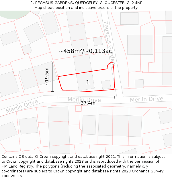 1, PEGASUS GARDENS, QUEDGELEY, GLOUCESTER, GL2 4NP: Plot and title map