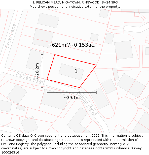 1, PELICAN MEAD, HIGHTOWN, RINGWOOD, BH24 3RG: Plot and title map
