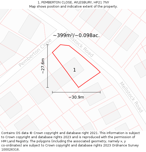 1, PEMBERTON CLOSE, AYLESBURY, HP21 7NY: Plot and title map