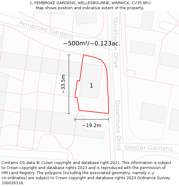 1, PEMBROKE GARDENS, WELLESBOURNE, WARWICK, CV35 9PU: Plot and title map
