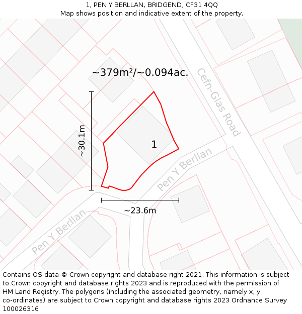 1, PEN Y BERLLAN, BRIDGEND, CF31 4QQ: Plot and title map