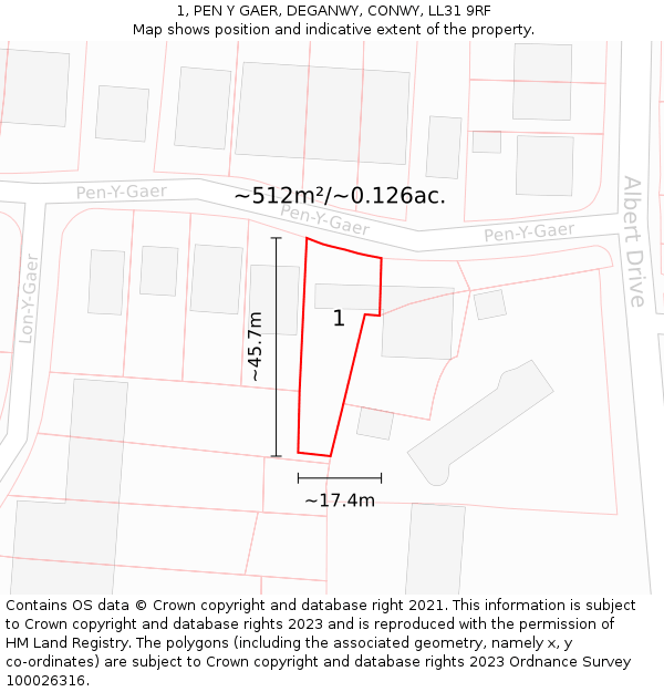 1, PEN Y GAER, DEGANWY, CONWY, LL31 9RF: Plot and title map