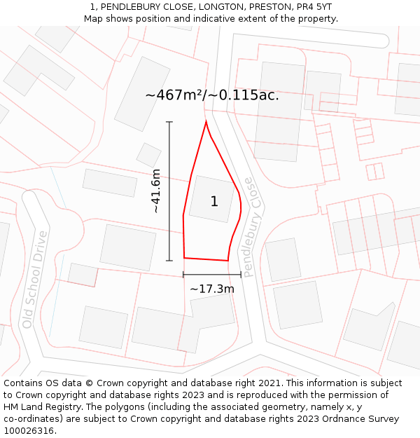 1, PENDLEBURY CLOSE, LONGTON, PRESTON, PR4 5YT: Plot and title map