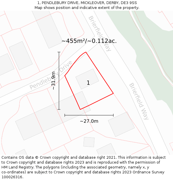 1, PENDLEBURY DRIVE, MICKLEOVER, DERBY, DE3 9SS: Plot and title map