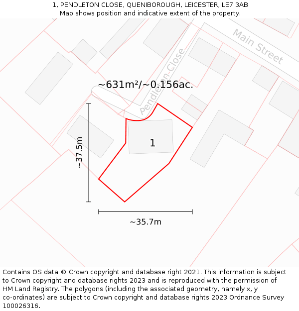 1, PENDLETON CLOSE, QUENIBOROUGH, LEICESTER, LE7 3AB: Plot and title map