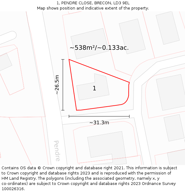 1, PENDRE CLOSE, BRECON, LD3 9EL: Plot and title map