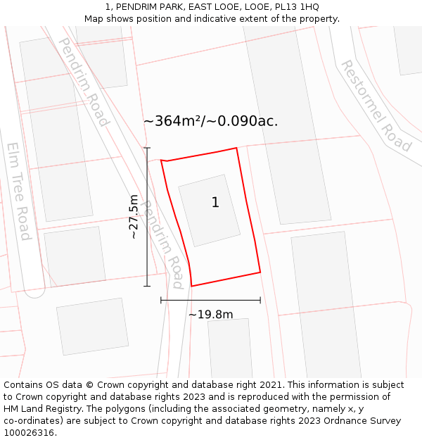 1, PENDRIM PARK, EAST LOOE, LOOE, PL13 1HQ: Plot and title map