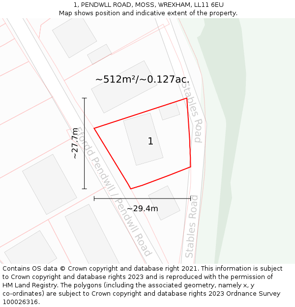 1, PENDWLL ROAD, MOSS, WREXHAM, LL11 6EU: Plot and title map