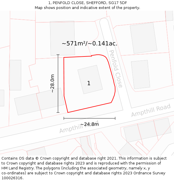1, PENFOLD CLOSE, SHEFFORD, SG17 5DF: Plot and title map