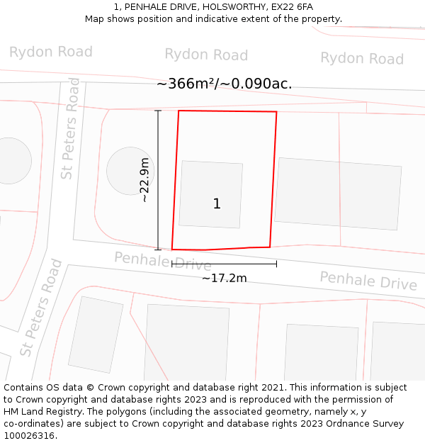 1, PENHALE DRIVE, HOLSWORTHY, EX22 6FA: Plot and title map