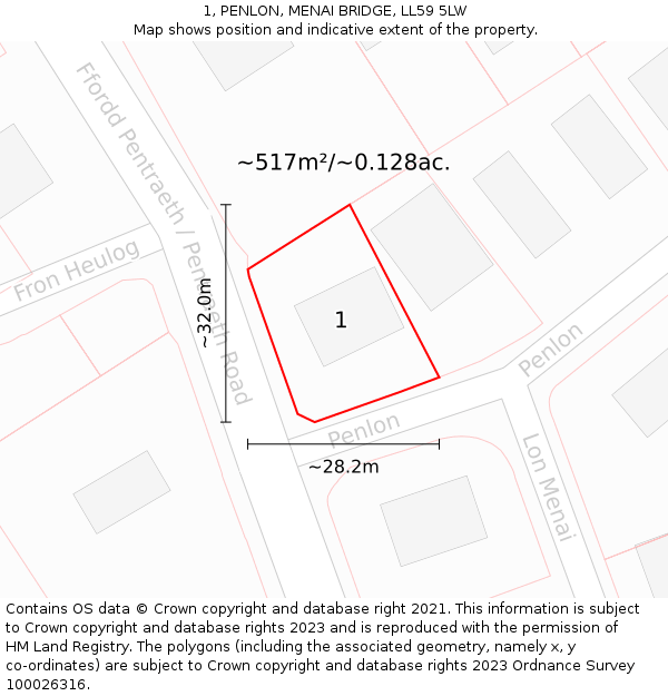 1, PENLON, MENAI BRIDGE, LL59 5LW: Plot and title map