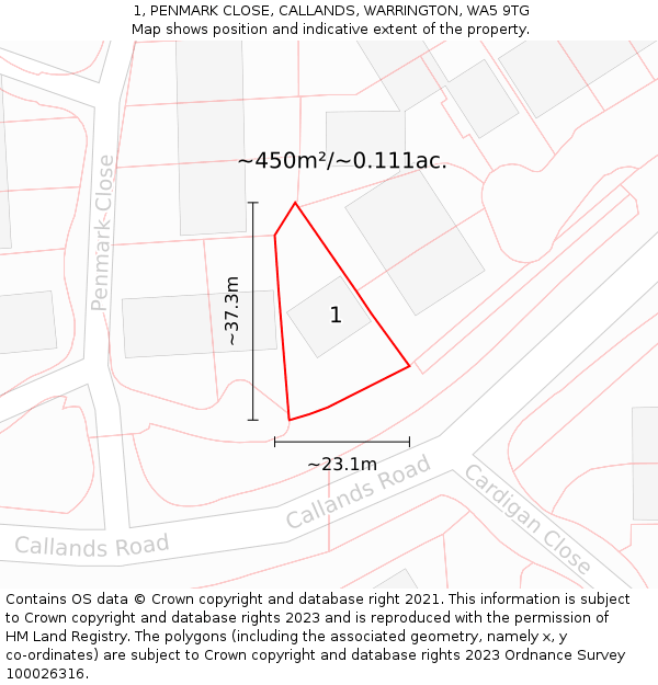 1, PENMARK CLOSE, CALLANDS, WARRINGTON, WA5 9TG: Plot and title map