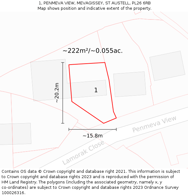 1, PENMEVA VIEW, MEVAGISSEY, ST AUSTELL, PL26 6RB: Plot and title map