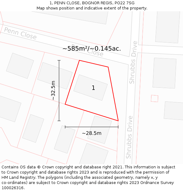1, PENN CLOSE, BOGNOR REGIS, PO22 7SG: Plot and title map