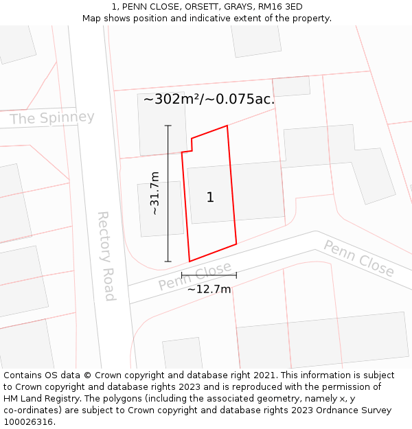 1, PENN CLOSE, ORSETT, GRAYS, RM16 3ED: Plot and title map