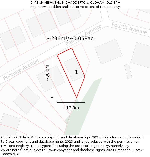 1, PENNINE AVENUE, CHADDERTON, OLDHAM, OL9 8PH: Plot and title map