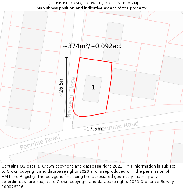 1, PENNINE ROAD, HORWICH, BOLTON, BL6 7NJ: Plot and title map