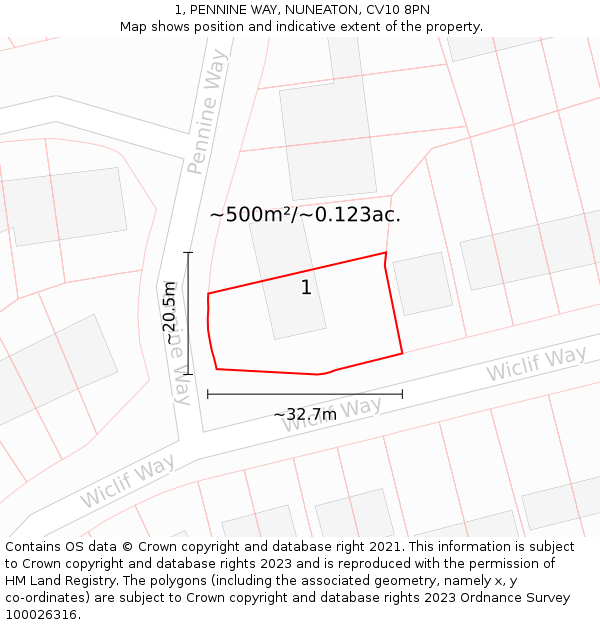 1, PENNINE WAY, NUNEATON, CV10 8PN: Plot and title map