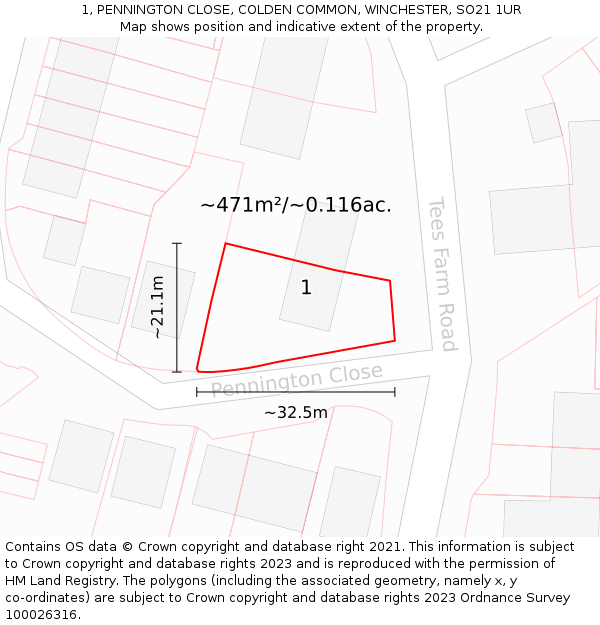 1, PENNINGTON CLOSE, COLDEN COMMON, WINCHESTER, SO21 1UR: Plot and title map