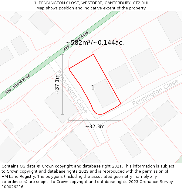 1, PENNINGTON CLOSE, WESTBERE, CANTERBURY, CT2 0HL: Plot and title map