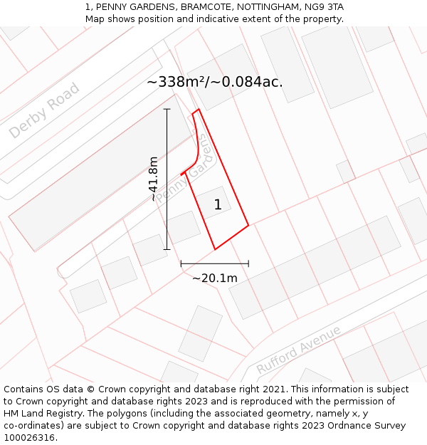 1, PENNY GARDENS, BRAMCOTE, NOTTINGHAM, NG9 3TA: Plot and title map