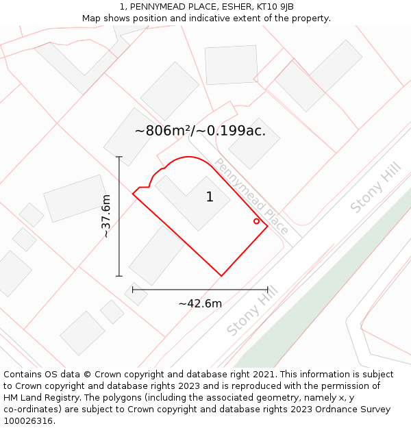 1, PENNYMEAD PLACE, ESHER, KT10 9JB: Plot and title map
