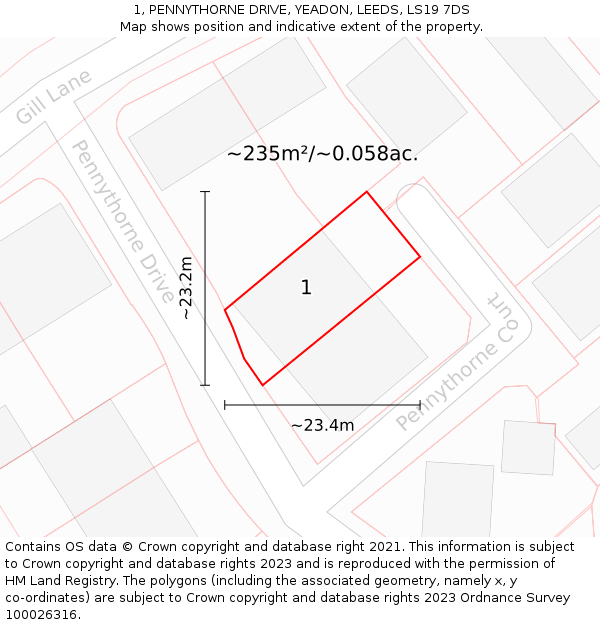 1, PENNYTHORNE DRIVE, YEADON, LEEDS, LS19 7DS: Plot and title map