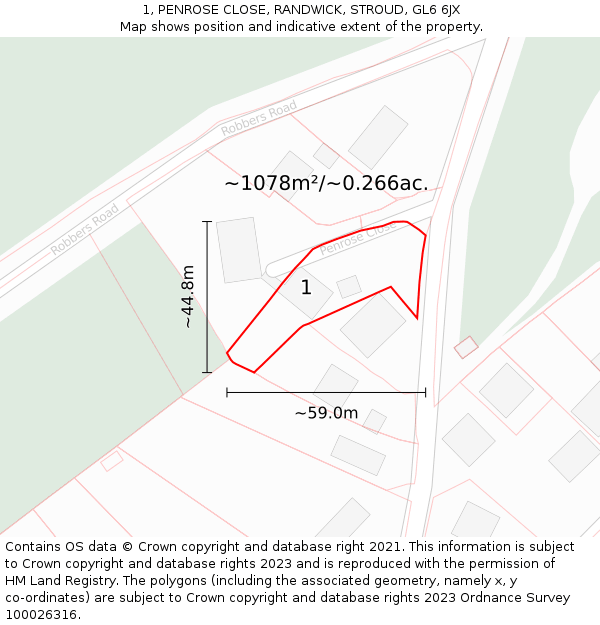 1, PENROSE CLOSE, RANDWICK, STROUD, GL6 6JX: Plot and title map