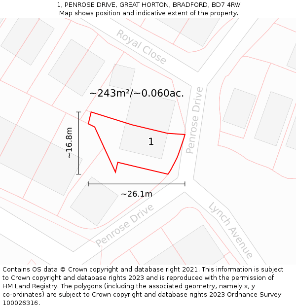 1, PENROSE DRIVE, GREAT HORTON, BRADFORD, BD7 4RW: Plot and title map