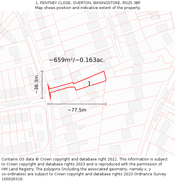 1, PENTNEY CLOSE, OVERTON, BASINGSTOKE, RG25 3BF: Plot and title map