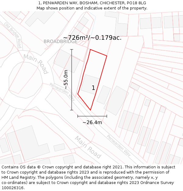 1, PENWARDEN WAY, BOSHAM, CHICHESTER, PO18 8LG: Plot and title map