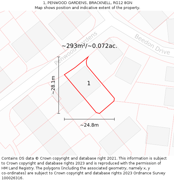 1, PENWOOD GARDENS, BRACKNELL, RG12 8GN: Plot and title map
