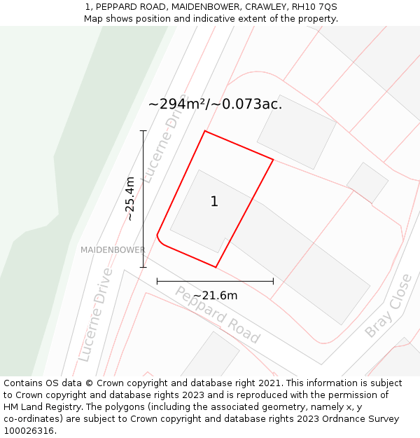 1, PEPPARD ROAD, MAIDENBOWER, CRAWLEY, RH10 7QS: Plot and title map