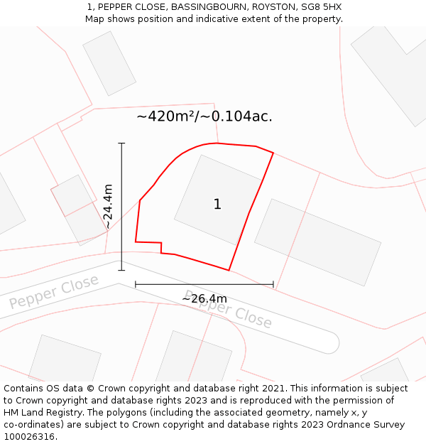 1, PEPPER CLOSE, BASSINGBOURN, ROYSTON, SG8 5HX: Plot and title map